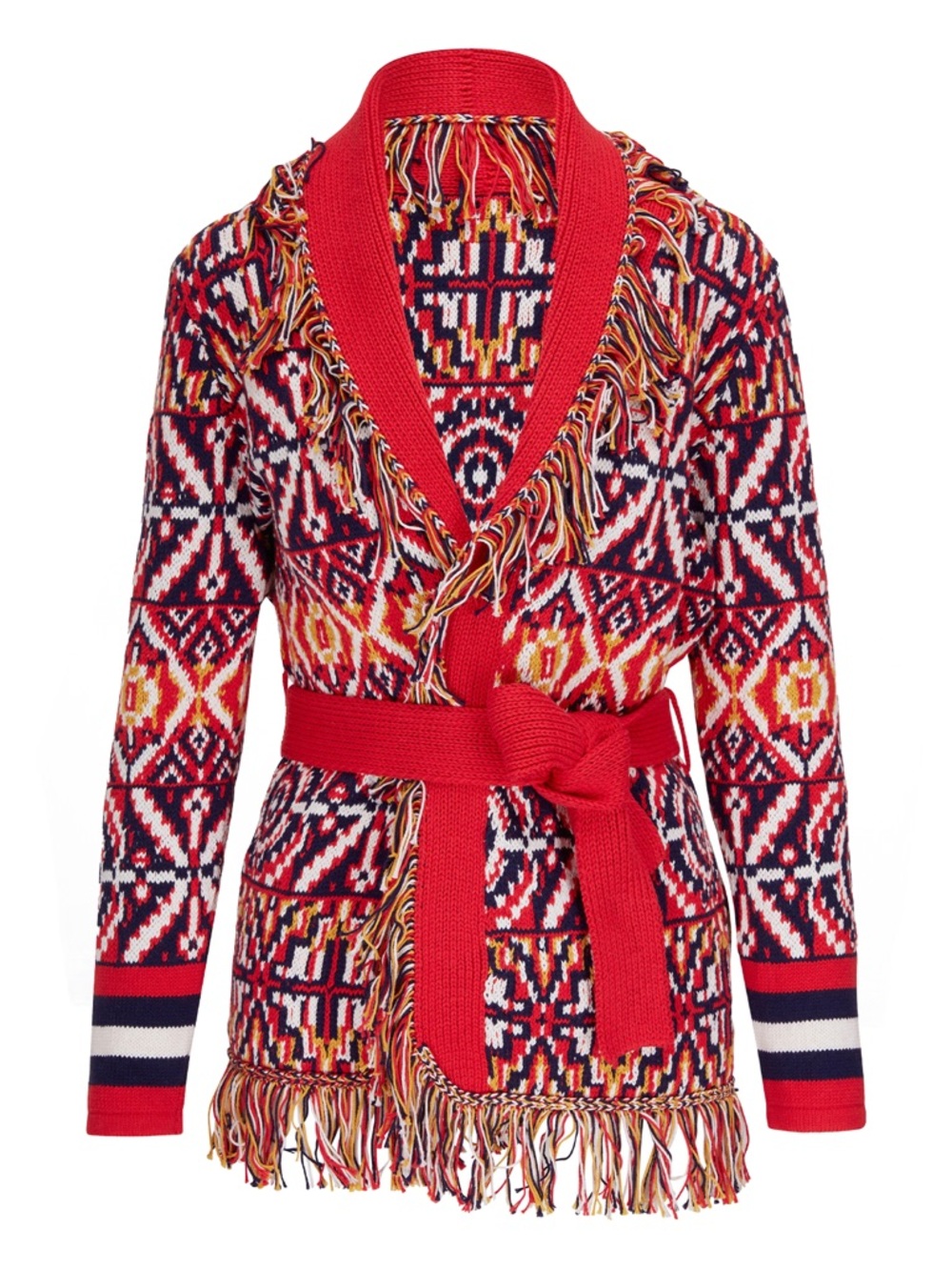 Mother Belted Short Cardigan Sweater Bass Culture Fringe Trim Red Cotton Size XS